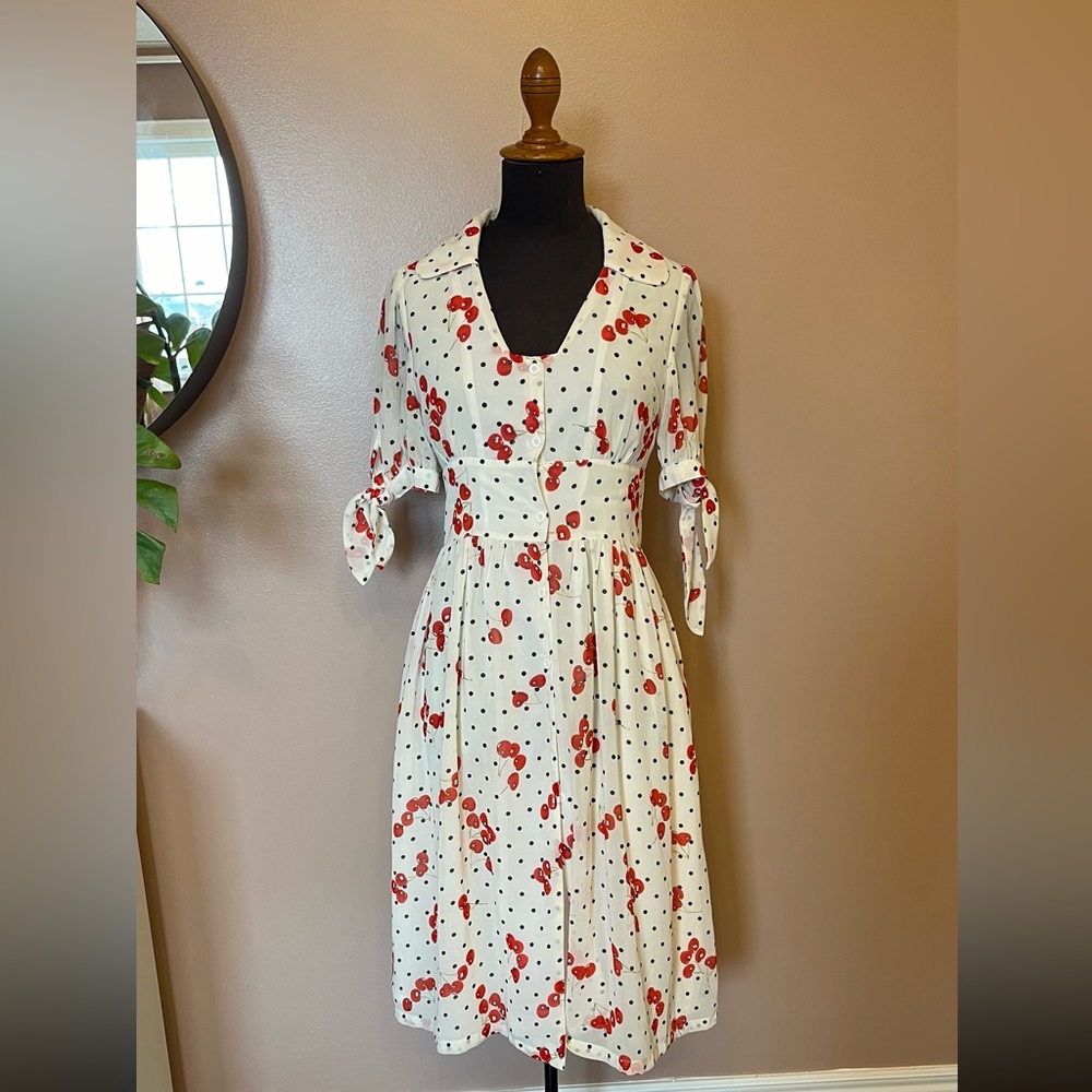 P. Tree Vintage inspired Cherry Print Button Front Dress SZ S